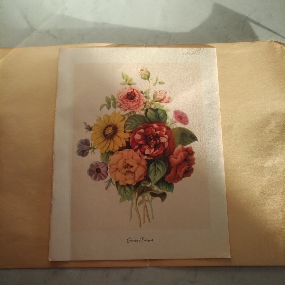VINTAGE ART PRINT WITH A BOUQUET OF VIBRANT FLOWERS, ENTITLED "GARDEN BOUQUET"